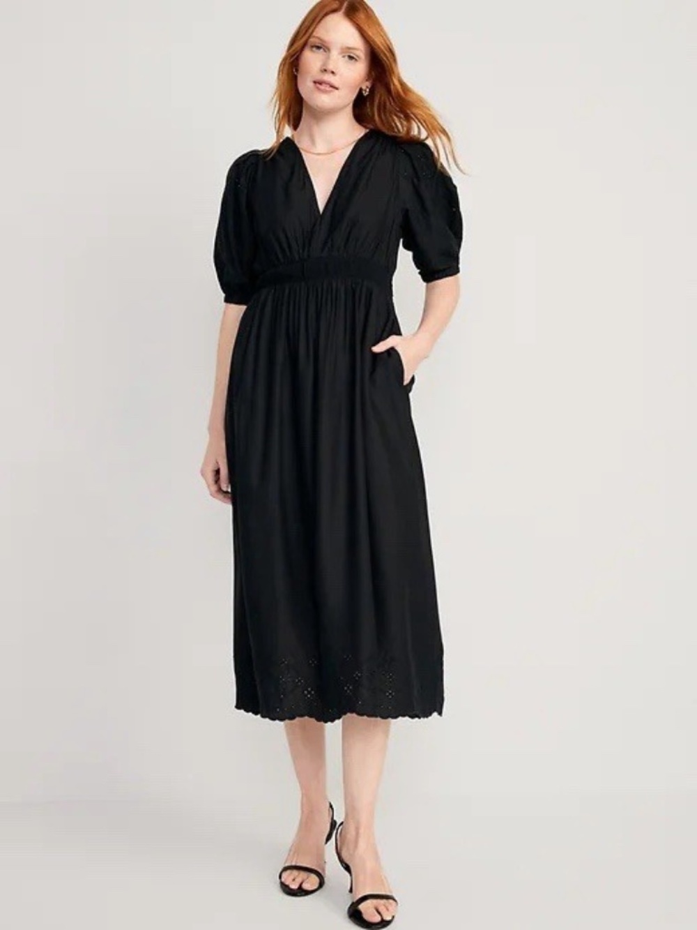 Old Navy Women L Eyelet Puff Sleeve Waist-Defined V-Neck Shirred Midi Dress